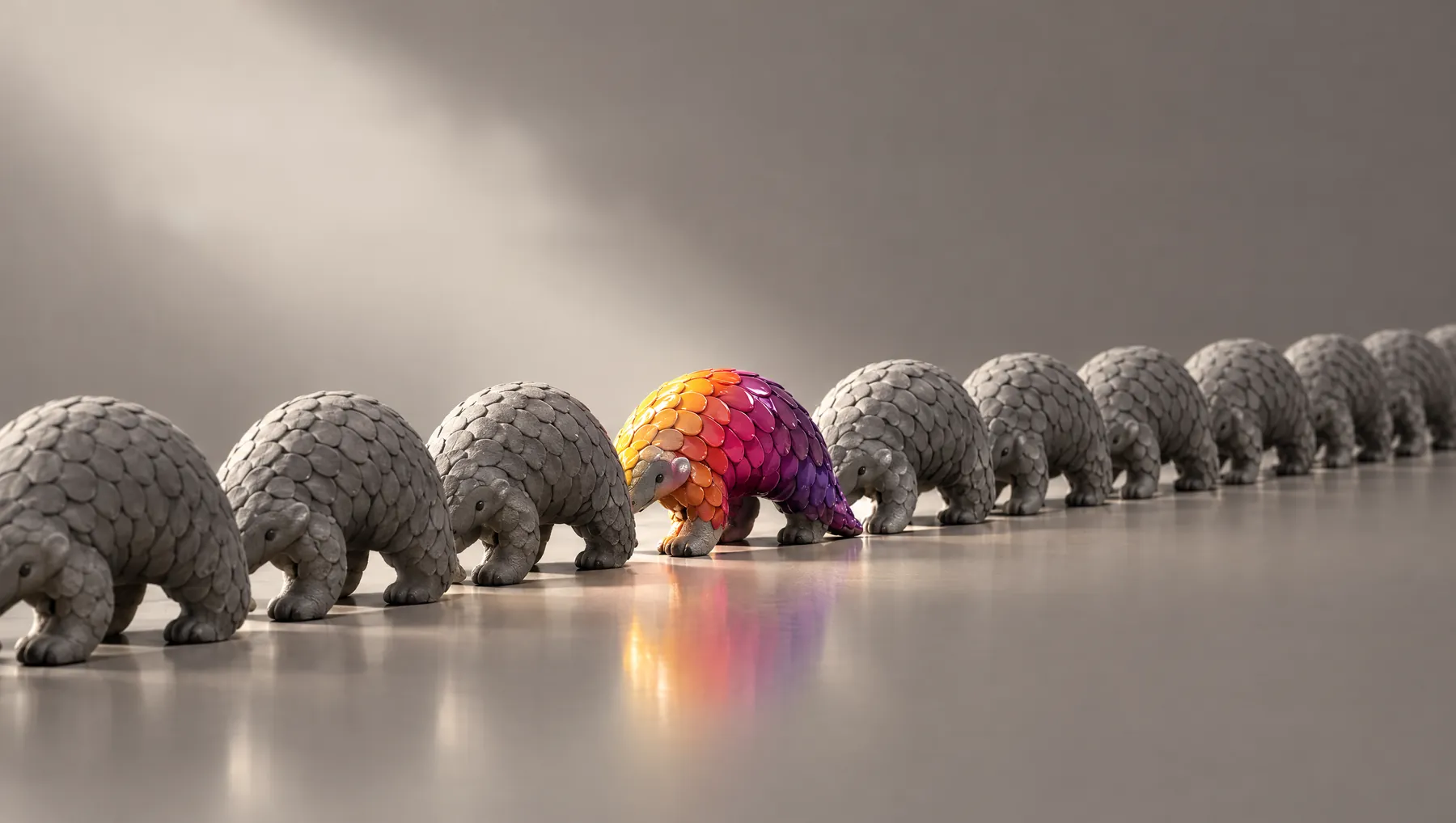 Uma fila de pangolins cinzentos, todos iguais, e um no meio com as escamas coloridas