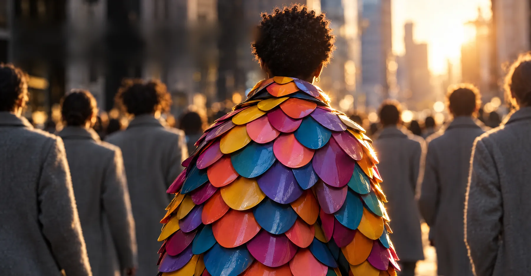 Uma pessoa de costas, com uma jaqueta de escamas coloridas, no meio de uma multidão de casacos cinzentos
