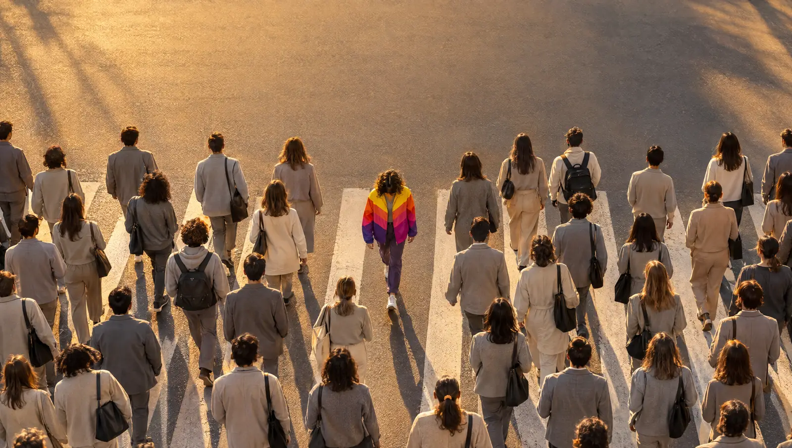 Vista do alto de uma multidão de roupas claras atravessando a rua, com uma pessoa de roupa colorida